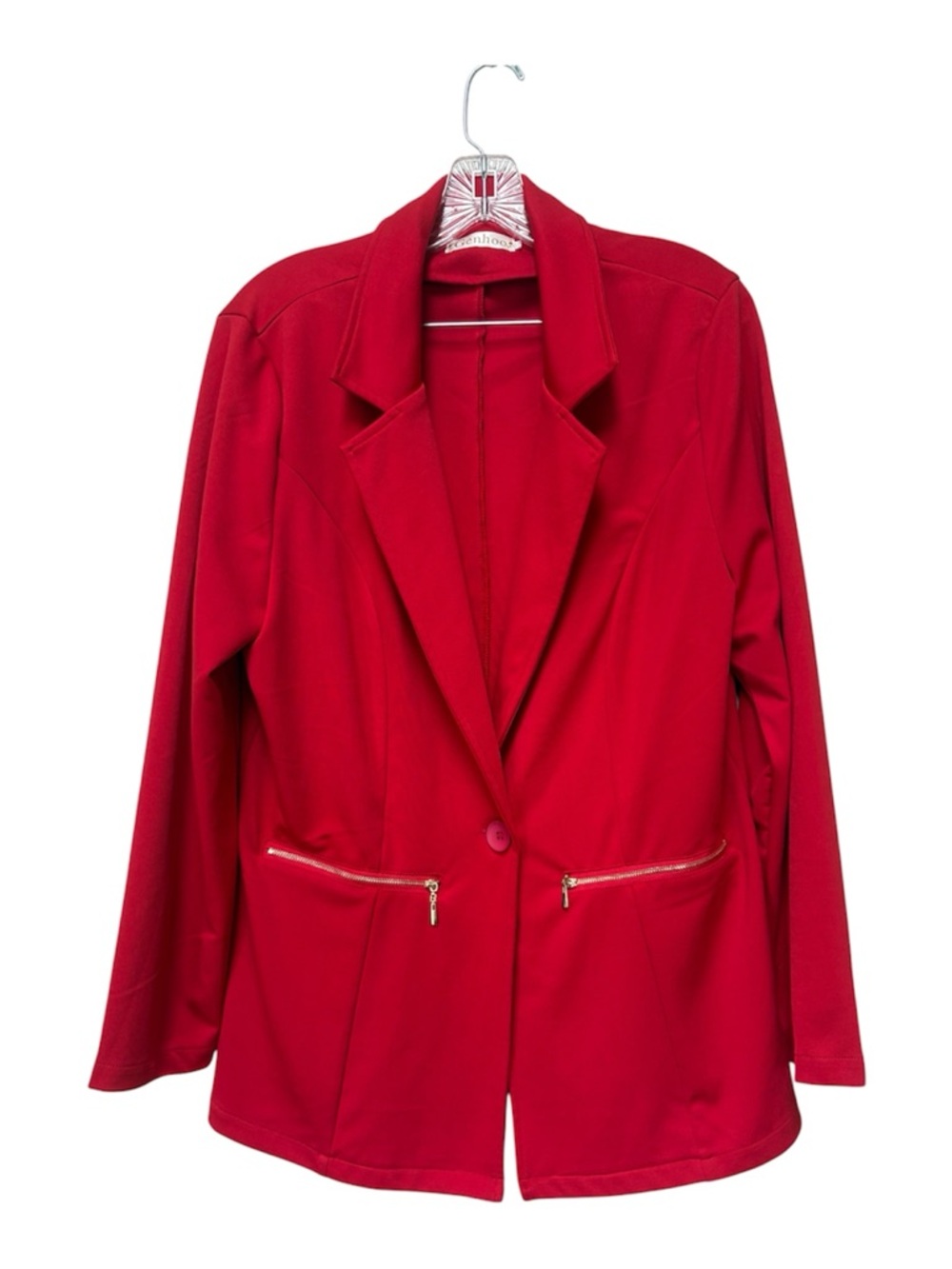 Red Power Blazer XL Gold Zip Pockets Stretch Office Siren